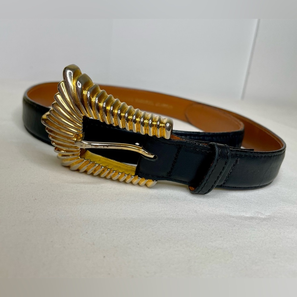 Vintage Kleinberg Sherrill 90s Black Leather Belt With Gold Tone Buckle Size 34”